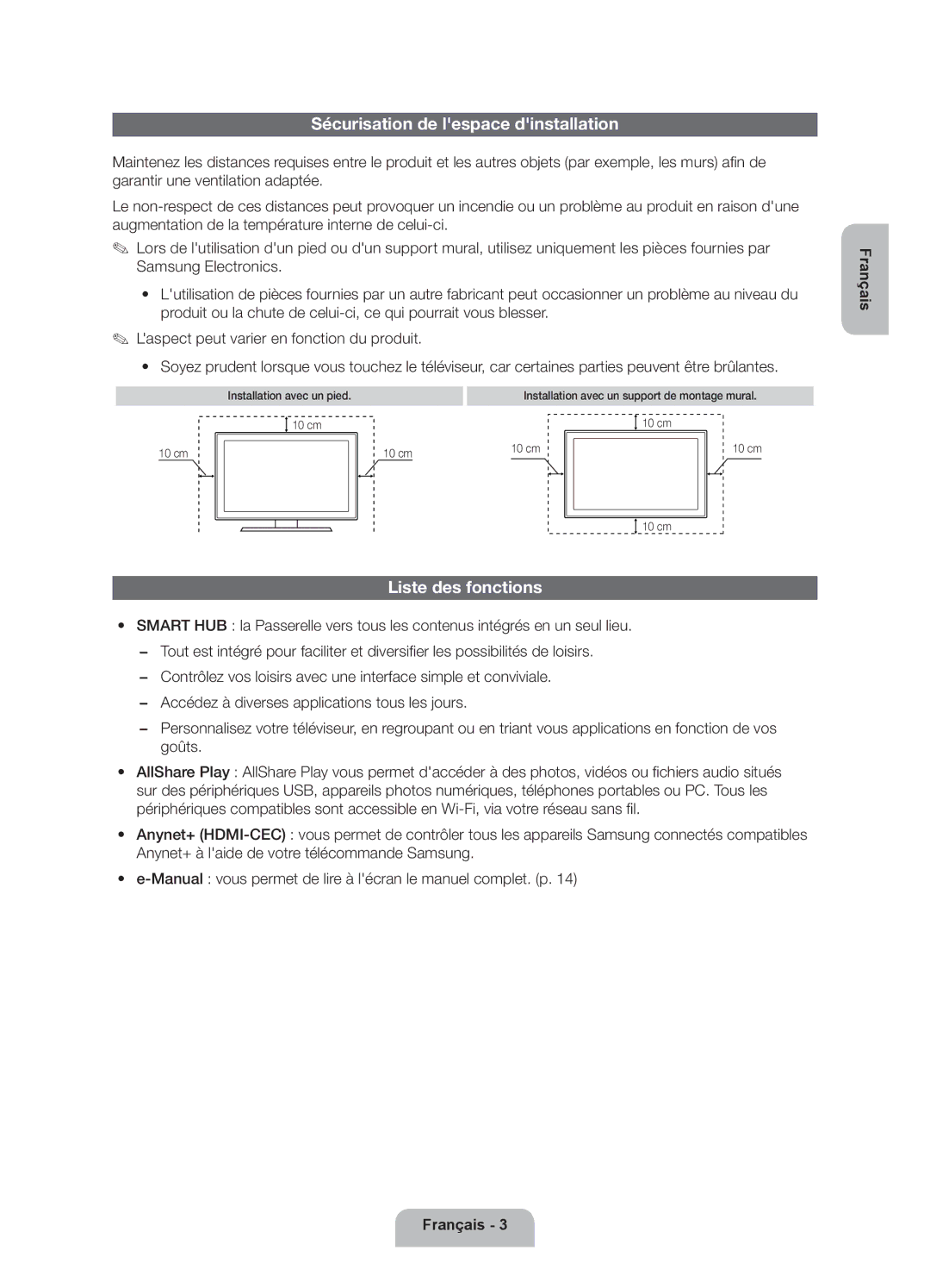 Samsung UE32EH5300WXXN manual Sécurisation de lespace dinstallation, Liste des fonctions, Installation avec un pied 