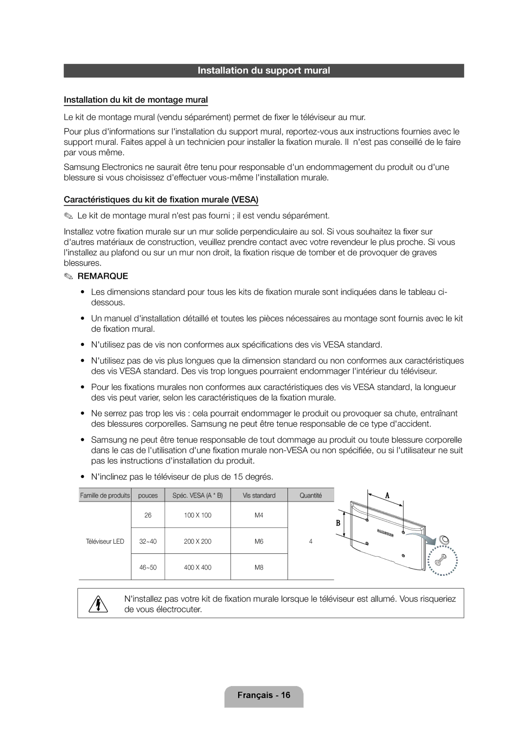 Samsung UE40EH5300WXZF, UE40EH5300WXZG manual Installation du support mural, De tomber et de provoquer de graves, Blessures 