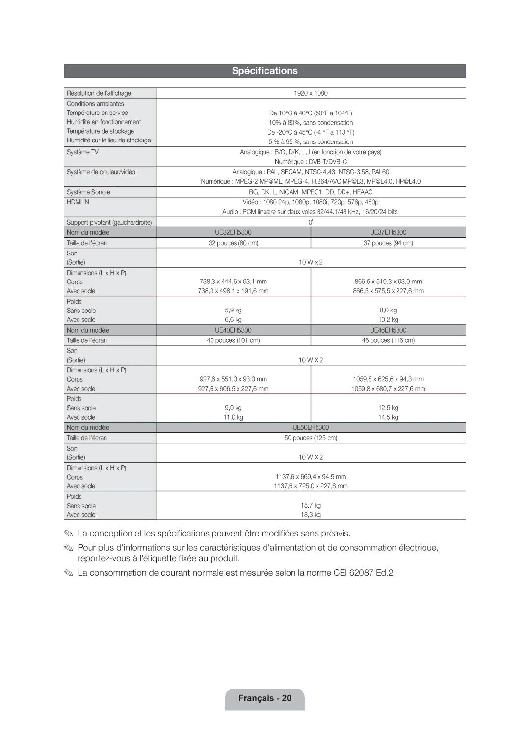 Samsung UE40EH5300WXTK, UE40EH5300WXZG, UE40EH5300WXXN, UE46EH5300WXZG, UE32EH5300WXXN, UE32EH5300WXZF manual Spécifications 