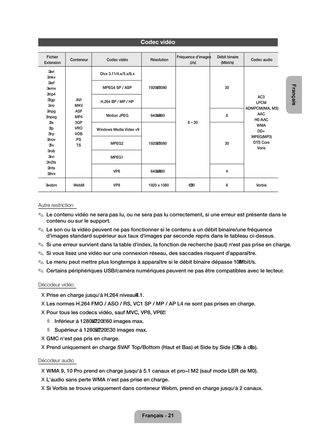 Samsung UE32EH5300WXXH, UE40EH5300WXZG manual Fichier Conteneur Codec vidéo Résolution, Débit binaire Codec audio 