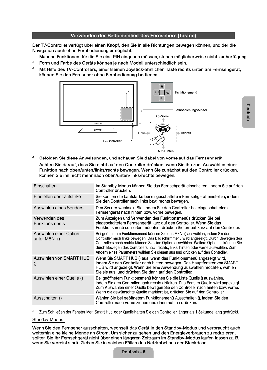 Samsung UE40EH5300WXZF, UE40EH5300WXZG, UE40EH5300WXXN Verwenden der Bedieneinheit des Fernsehers Tasten, Standby-Modus 