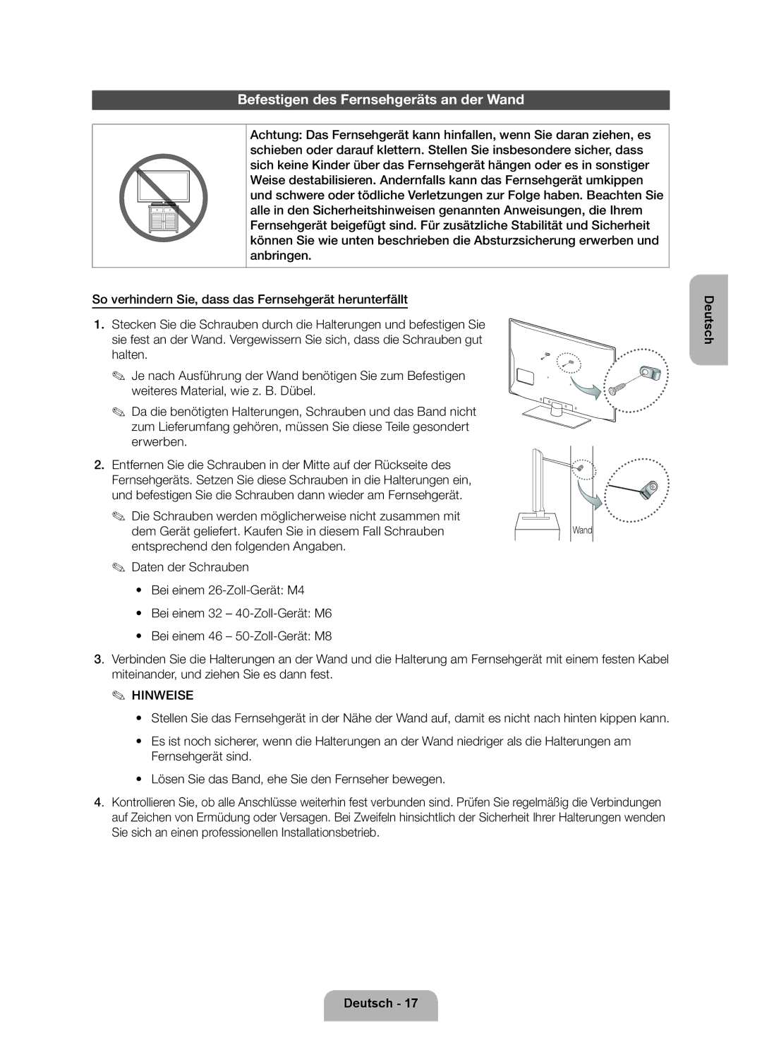 Samsung UE46EH5300WXZF, UE40EH5300WXZG, UE40EH5300WXXN, UE46EH5300WXZG manual Befestigen des Fernsehgeräts an der Wand 