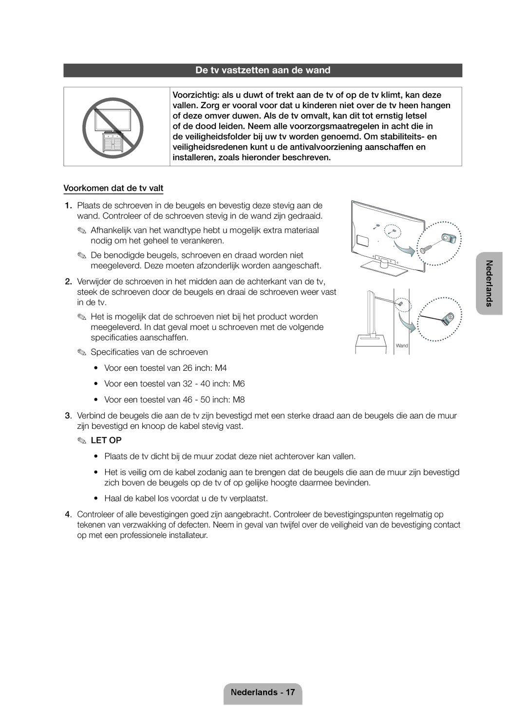 Samsung UE46EH5300WXZF, UE40EH5300WXZG, UE40EH5300WXXN manual De tv vastzetten aan de wand, Specificaties van de schroeven 