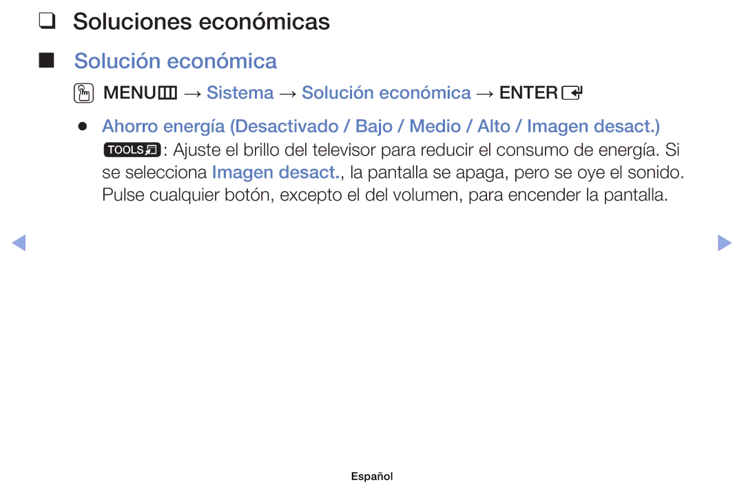 Samsung UE40EH6030WXTK, UE40EH6030WXXH manual Soluciones económicas, OOMENUm → Sistema → Solución económica → Entere 