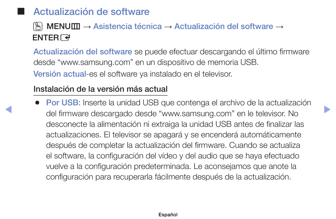 Samsung UE40EH6030WXXC manual Actualización de software, OOMENUm → Asistencia técnica → Actualización del software → 