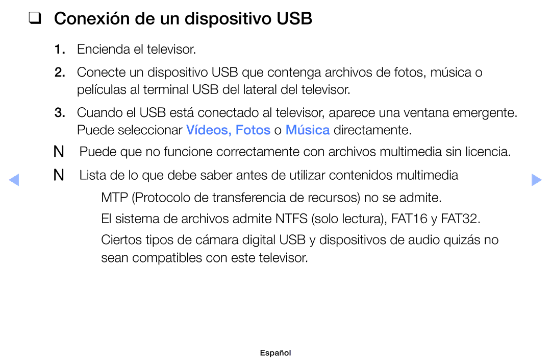 Samsung UE40EH6030WXXC, UE40EH6030WXXH, UE32EH4003WXXC, UE40EH6030WXTK, UE32EH4003WXZF manual Conexión de un dispositivo USB 