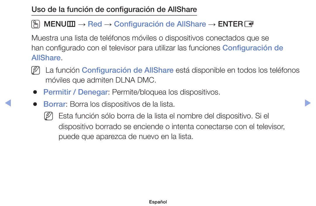 Samsung UE32EH4003WXXC Uso de la función de configuración de AllShare, OOMENUm → Red → Configuración de AllShare → Entere 