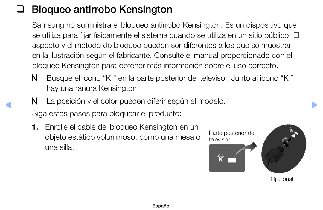 Samsung UE46EH6030WXXC manual Bloqueo antirrobo Kensington, Objeto estático voluminoso, como una mesa o, Una silla 