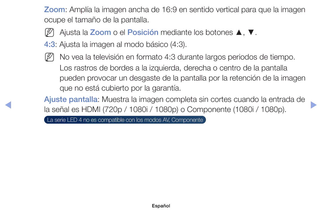 Samsung UE46EH6030WXXC, UE40EH6030WXXH, UE32EH4003WXXC manual La serie LED 4 no es compatible con los modos AV, Componente 