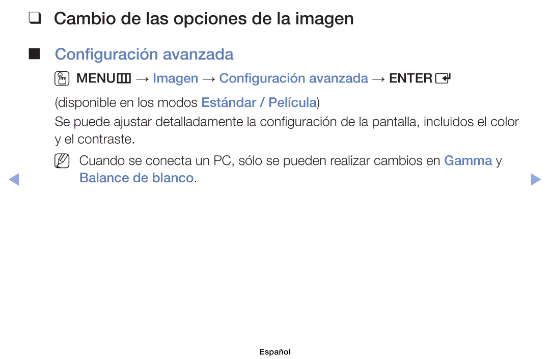 Samsung UE32EH4003WXXC, UE40EH6030WXXH manual Cambio de las opciones de la imagen, Configuración avanzada, Balance de blanco 