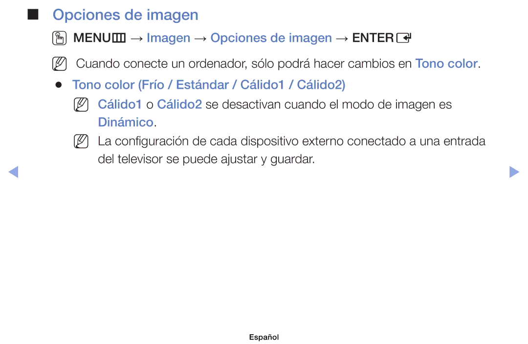 Samsung UE39EH5003WXXC OOMENUm → Imagen → Opciones de imagen → Entere, Tono color Frío / Estándar / Cálido1 / Cálido2 