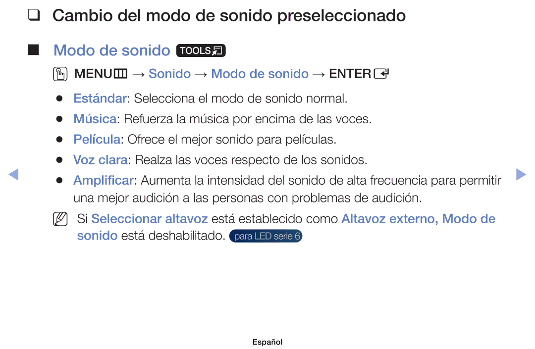 Samsung UE32EH4003WXXC, UE40EH6030WXXH, UE40EH6030WXTK manual Cambio del modo de sonido preseleccionado, Modo de sonido t 