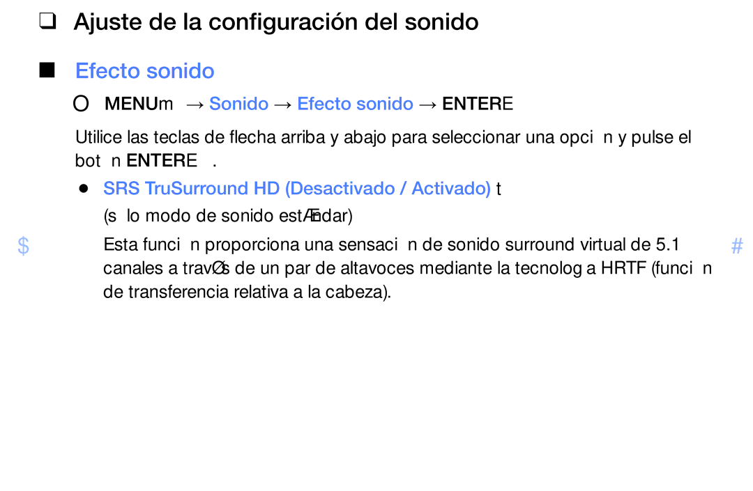 Samsung UE40EH6030WXTK manual Ajuste de la configuración del sonido, OOMENUm → Sonido → Efecto sonido → Entere 