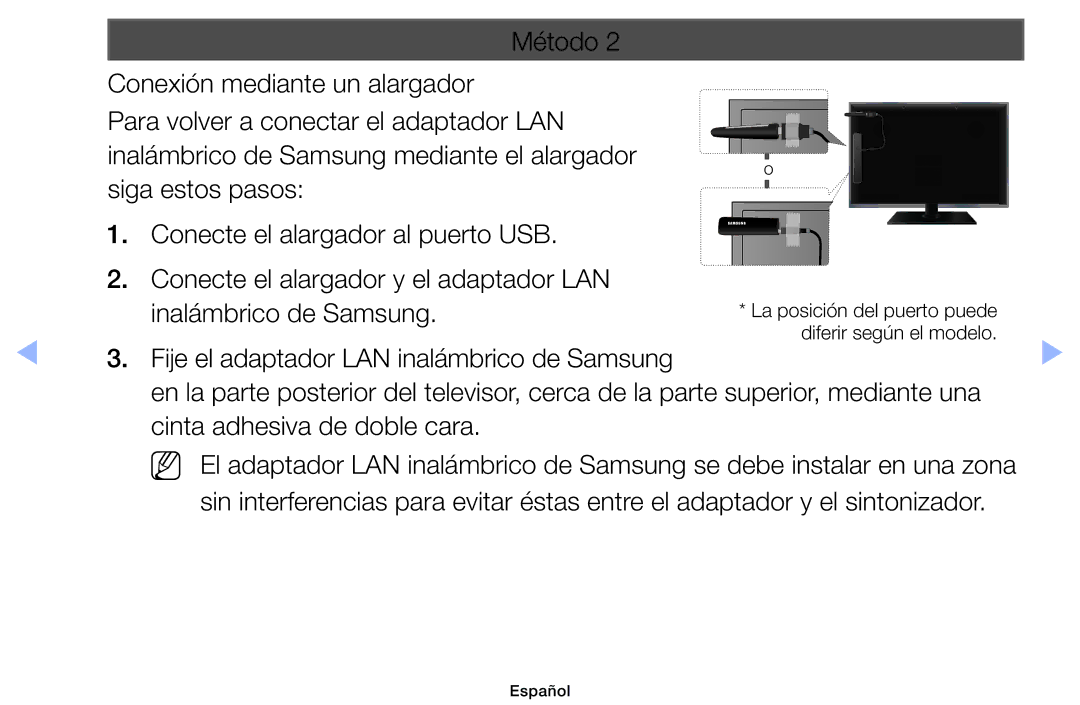 Samsung UE46EH6030WXXC, UE40EH6030WXXH, UE32EH4003WXXC, UE40EH6030WXTK manual Fije el adaptador LAN inalámbrico de Samsung 