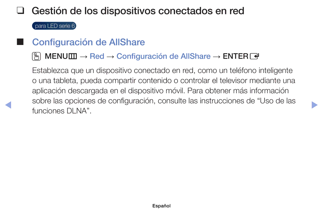 Samsung UE46EH6030WXXC, UE40EH6030WXXH manual Gestión de los dispositivos conectados en red, Configuración de AllShare 