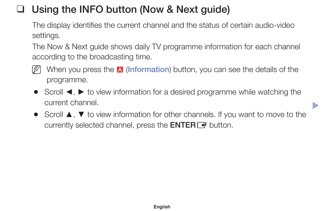 Samsung UE46EH6030WXXH, UE40EH6030WXXH, UE32EH4003WXZG manual Using the Info button Now & Next guide, Current channel 