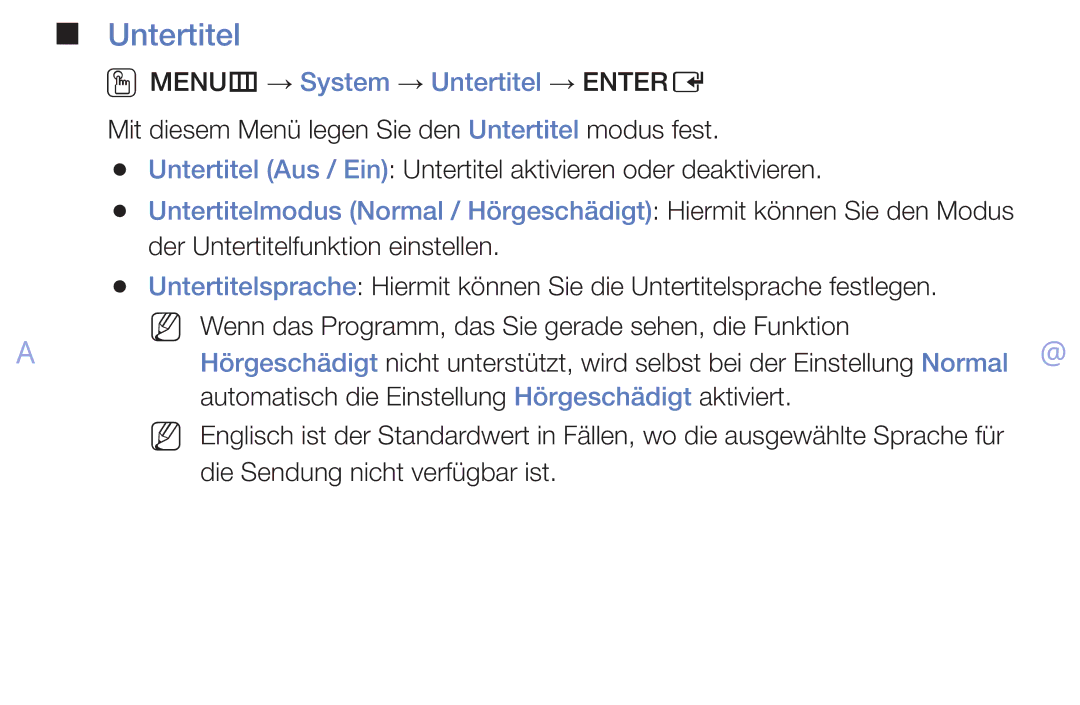 Samsung UE32EH4003WXTK, UE40EH6030WXXH, UE46EH6030WXXH, UE32EH4003WXZG manual OOMENUm → System → Untertitel → Entere 