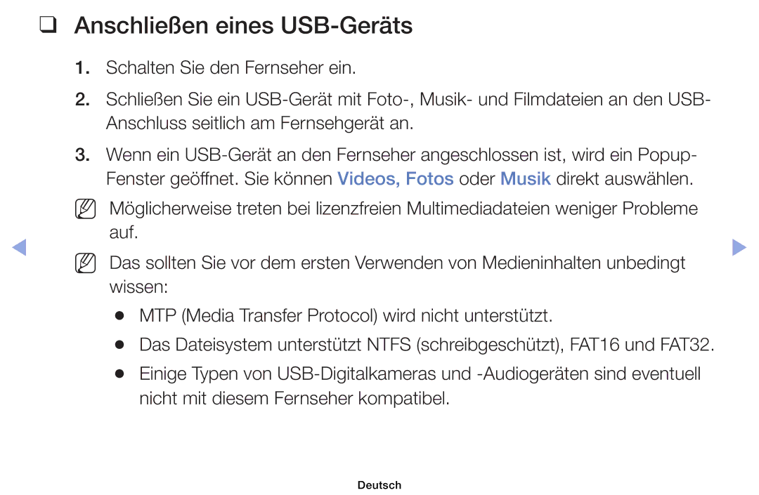 Samsung UE32EH6030WXXH manual Anschließen eines USB-Geräts, Wissen MTP Media Transfer Protocol wird nicht unterstützt 