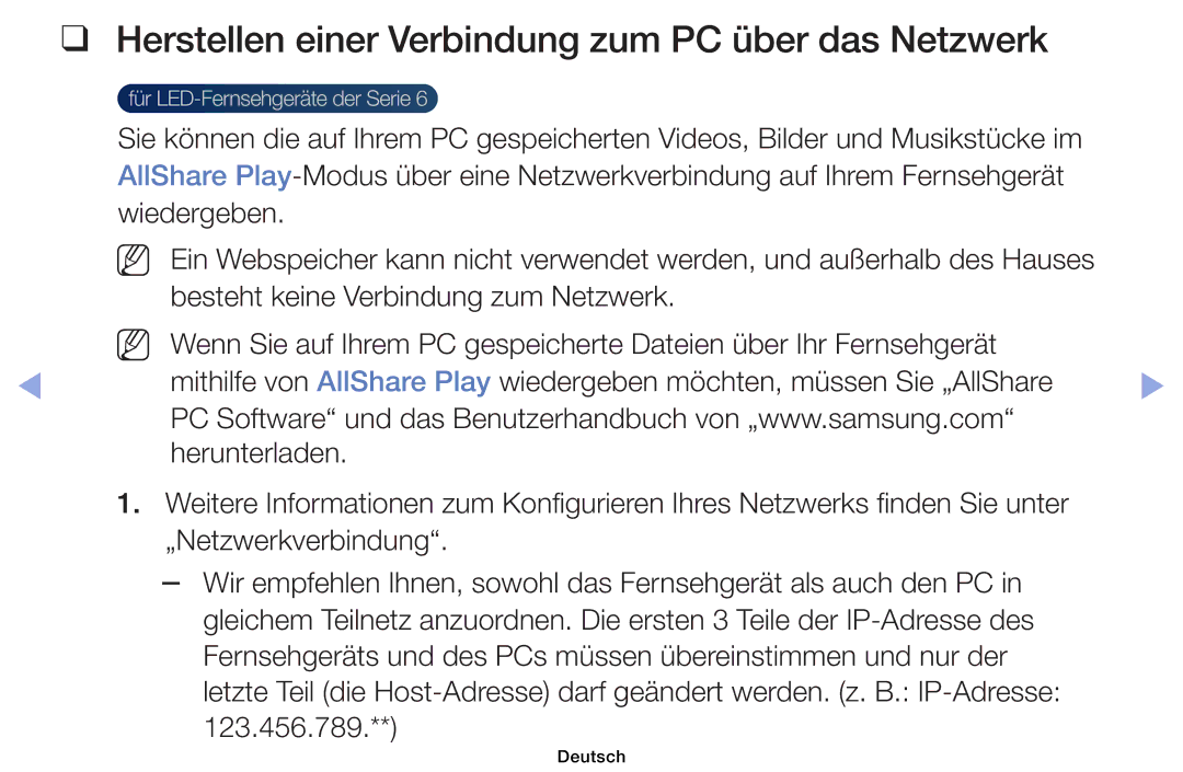 Samsung UE40EH6030WXZG, UE40EH6030WXXH, UE46EH6030WXXH, UE32EH4003WXZG Herstellen einer Verbindung zum PC über das Netzwerk 