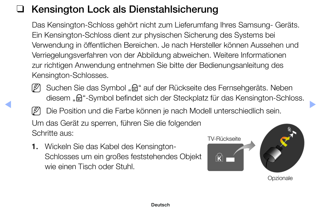 Samsung UE46EH6030WXTK, UE40EH6030WXXH, UE46EH6030WXXH, UE32EH4003WXZG, UE32EH4003WXXC Kensington Lock als Dienstahlsicherung 