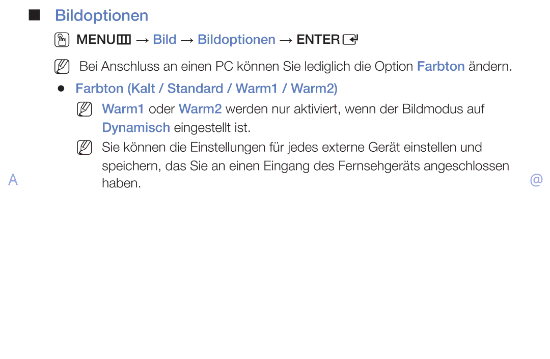Samsung UE39EH5003WXZG manual OOMENUm → Bild → Bildoptionen → Entere, Farbton Kalt / Standard / Warm1 / Warm2, Haben 
