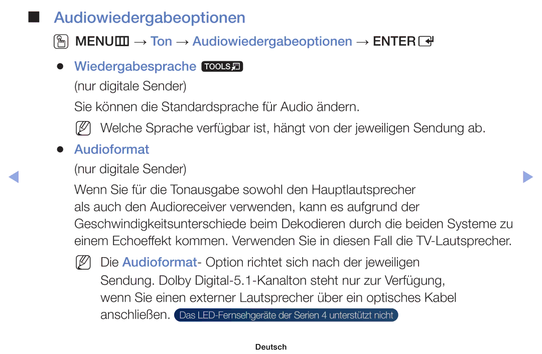 Samsung UE40EH6030WXZG manual Audiowiedergabeoptionen, NN Die Audioformat- Option richtet sich nach der jeweiligen 