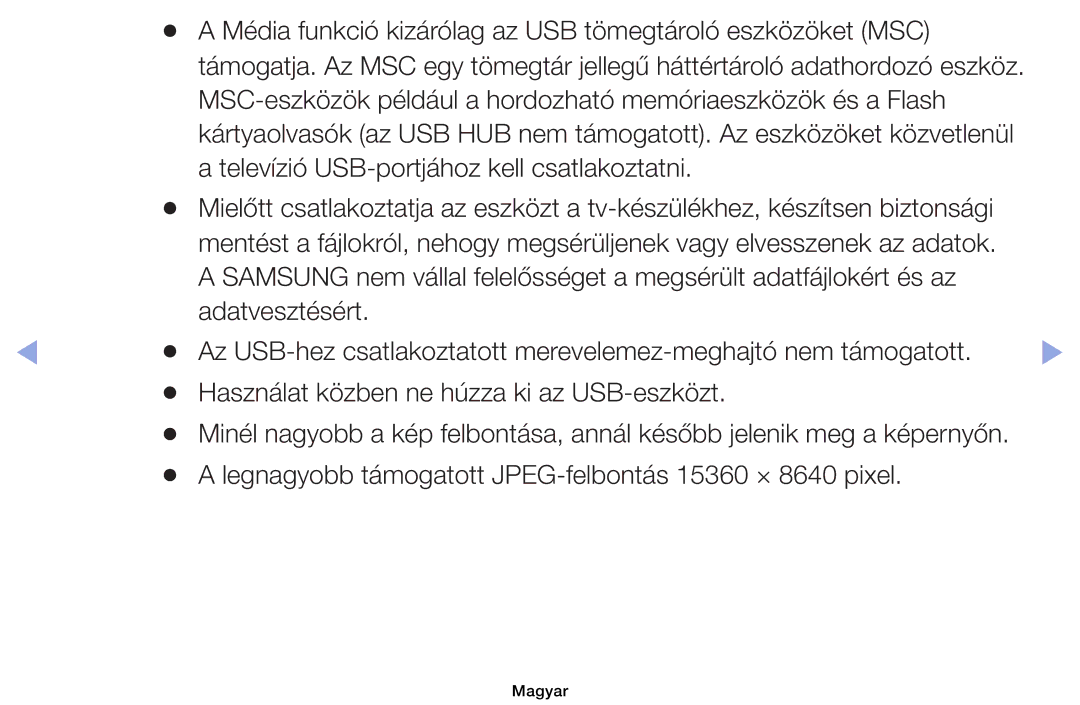 Samsung UE40EH6035KXXE, UE40EH6030WXXH, UE46EH6030WXXH manual Média funkció kizárólag az USB tömegtároló eszközöket MSC 