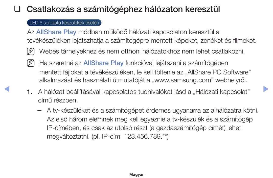 Samsung UE32EH4003WXXH, UE40EH6030WXXH, UE46EH6030WXXH manual Csatlakozás a számítógéphez hálózaton keresztül, Című részben 