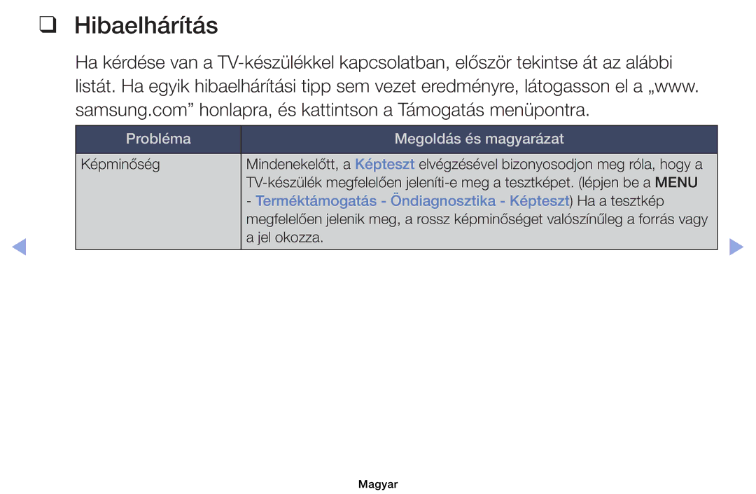 Samsung UE32EH6030WXXH, UE40EH6030WXXH, UE46EH6030WXXH, UE32EH4003WXXH, UE32EH4003WXZF, UE39EH5003WXZF manual Hibaelhárítás 