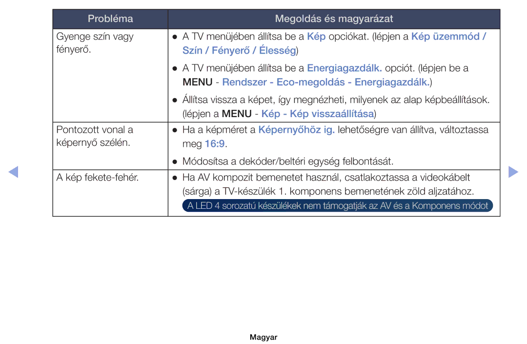 Samsung UE39EH5003WXZF, UE40EH6030WXXH, UE46EH6030WXXH, UE32EH6030WXXH, UE32EH4003WXXH manual Szín / Fényerő / Élesség 