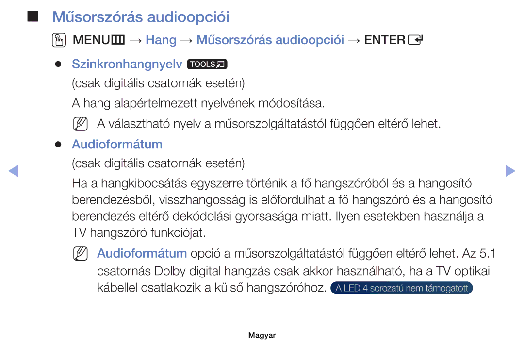 Samsung UE40EH6035KXXE, UE40EH6030WXXH, UE46EH6030WXXH manual Műsorszórás audioopciói, Audioformátum, TV hangszóró funkcióját 