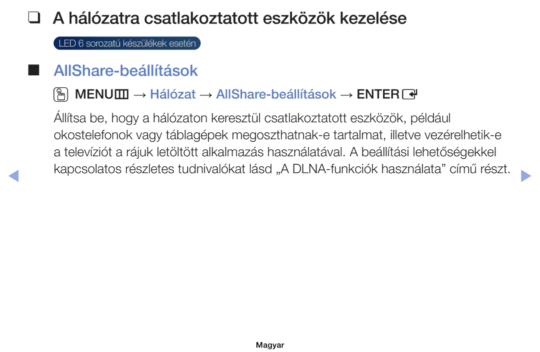 Samsung UE32EH6030WXXH, UE40EH6030WXXH, UE46EH6030WXXH Hálózatra csatlakoztatott eszközök kezelése, AllShare-beállítások 