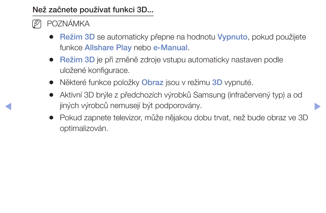 Samsung UE32EH4003WXZT, UE40EH6030WXXH Než začnete používat funkci 3D, Funkce Allshare Play nebo e-Manual, Optimalizován 