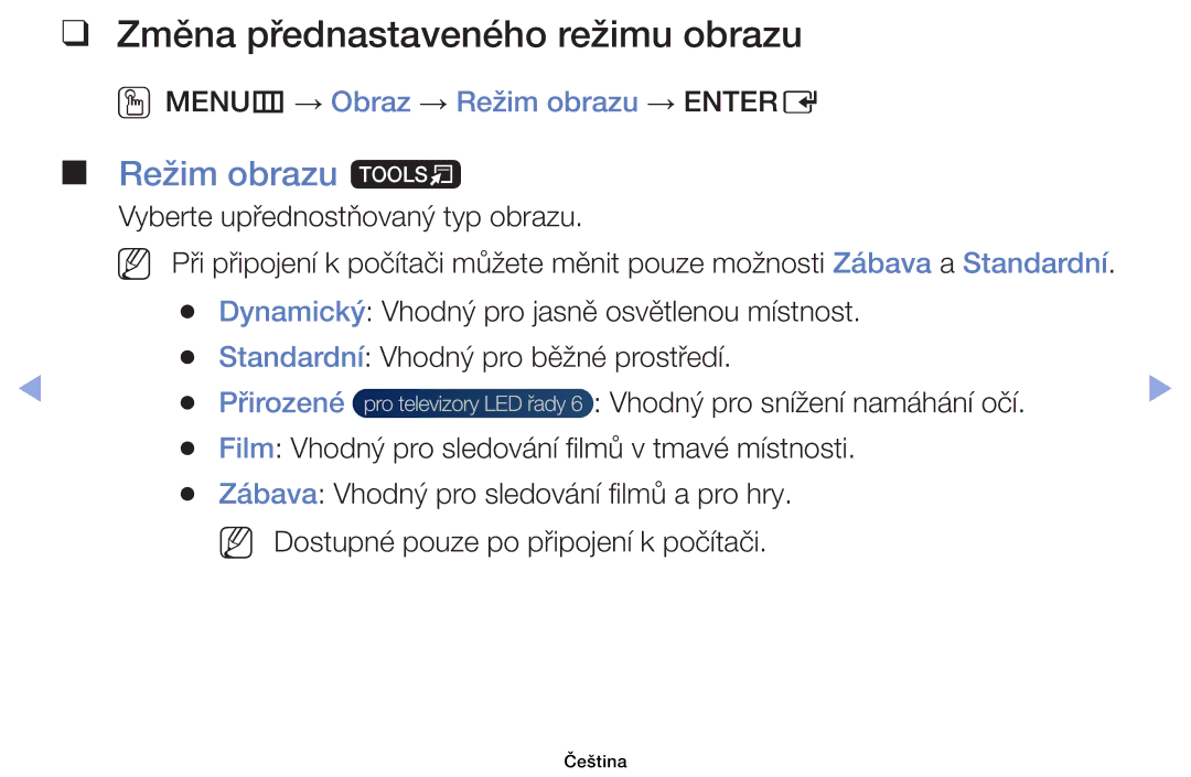 Samsung UE32EH6030WXBT manual Změna přednastaveného režimu obrazu, Režim obrazu t, OOMENUm → Obraz → Režim obrazu → Entere 