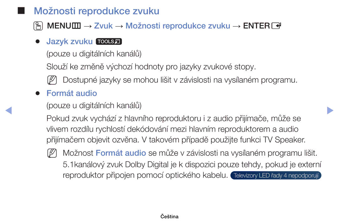 Samsung UE32EH4003WXZF, UE40EH6030WXXH, UE46EH6030WXXH, UE32EH6030WXXH manual Možnosti reprodukce zvuku, Formát audio 