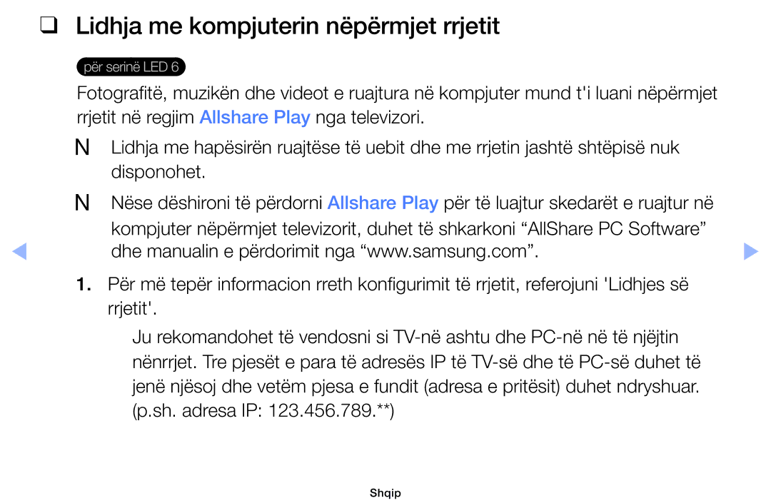 Samsung UE39EH5003WXXH, UE40EH6030WXXH, UE46EH6030WXXH, UE32EH6030WXXH manual Lidhja me kompjuterin nëpërmjet rrjetit 