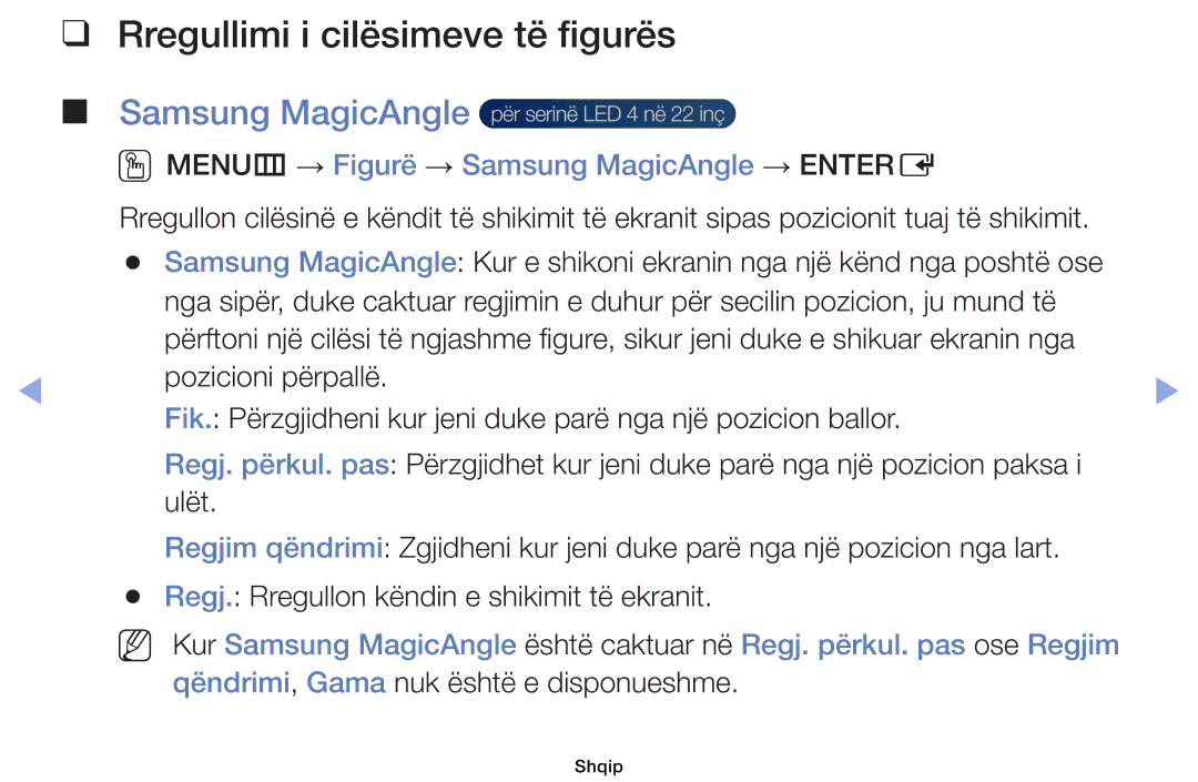 Samsung UE40EH6030WXXH, UE46EH6030WXXH, UE32EH6030WXXH manual Rregullimi i cilësimeve të figurës, Samsung MagicAngle 