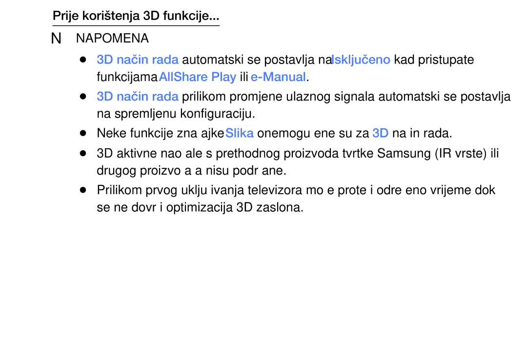 Samsung UE39EH5003WXXH, UE40EH6030WXXH, UE46EH6030WXXH Prije korištenja 3D funkcije, Funkcijama AllShare Play ili e-Manual 