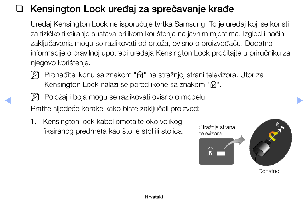 Samsung UE32EH4003WXXH, UE40EH6030WXXH, UE46EH6030WXXH, UE32EH6030WXXH manual Kensington Lock uređaj za sprečavanje krađe 