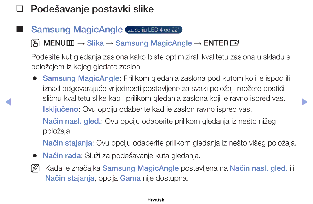 Samsung UE40EH6030WXXH, UE46EH6030WXXH manual Podešavanje postavki slike, OOMENUm → Slika → Samsung MagicAngle → Entere 