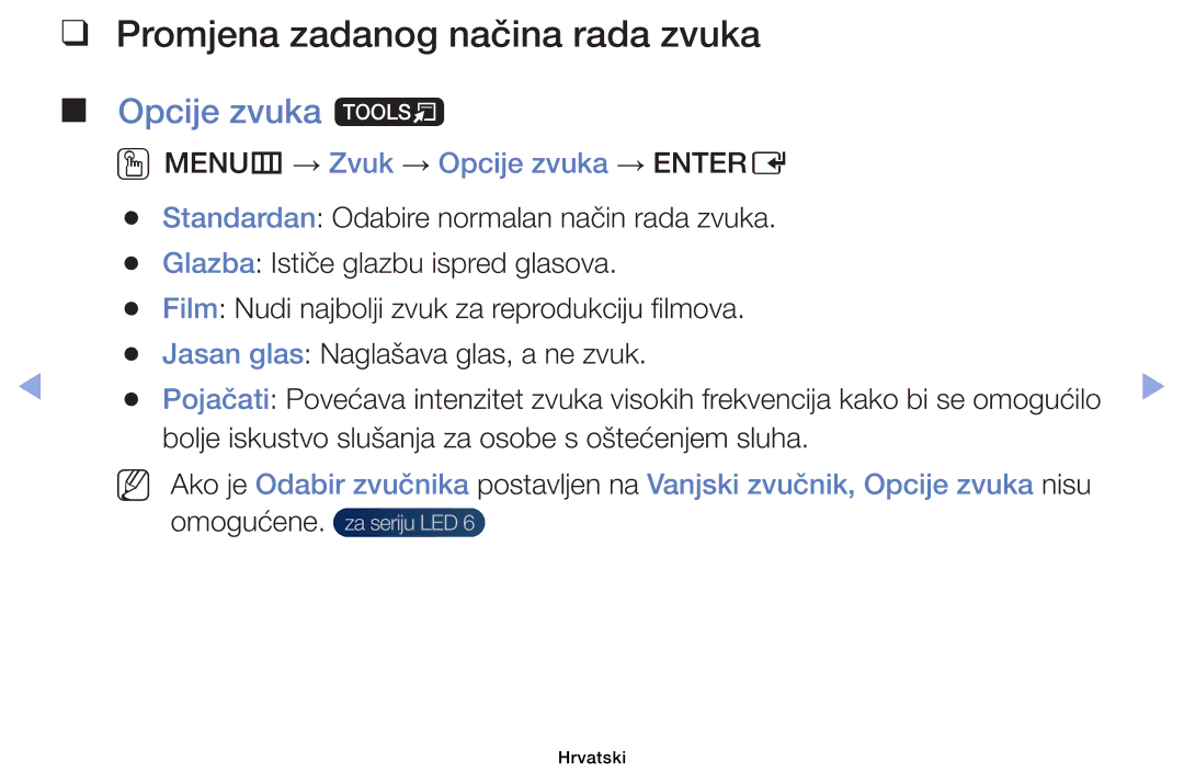 Samsung UE46EH6030WXXH manual Promjena zadanog načina rada zvuka, Opcije zvuka t, OOMENUm → Zvuk → Opcije zvuka → Entere 