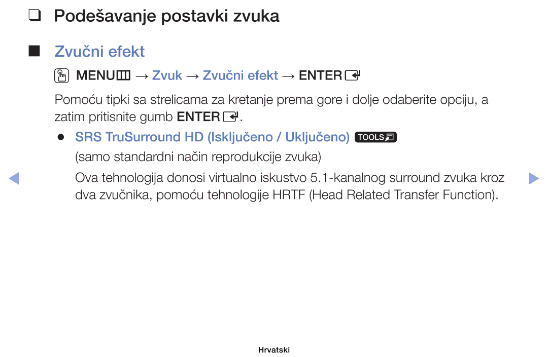 Samsung UE32EH6030WXXH, UE40EH6030WXXH manual Podešavanje postavki zvuka, OOMENUm → Zvuk → Zvučni efekt → Entere 