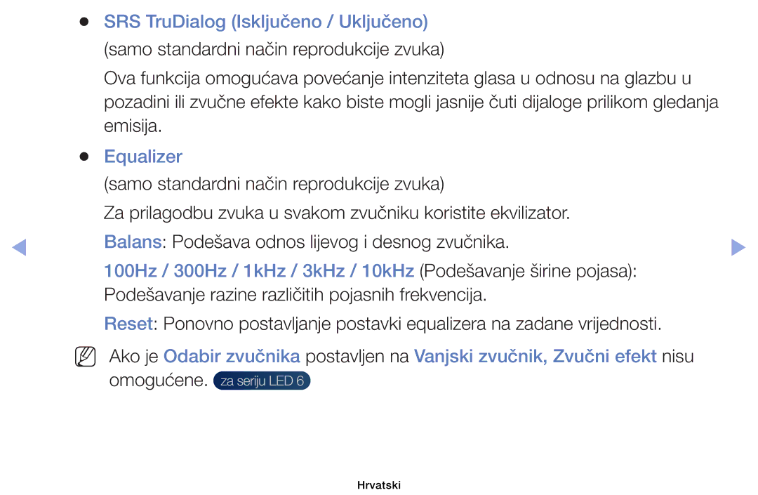 Samsung UE32EH4003WXXH, UE40EH6030WXXH, UE46EH6030WXXH manual SRS TruDialog Isključeno / Uključeno, Emisija, Equalizer 