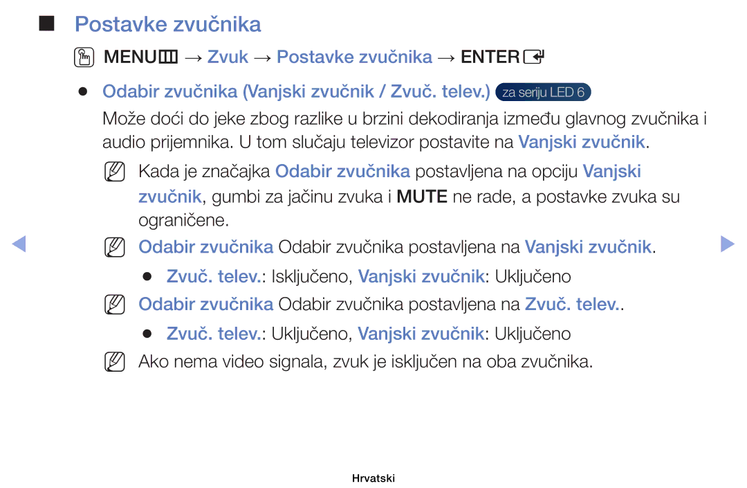 Samsung UE39EH5003WXXH, UE40EH6030WXXH manual Postavke zvučnika, Zvuč. telev. Isključeno, Vanjski zvučnik Uključeno 