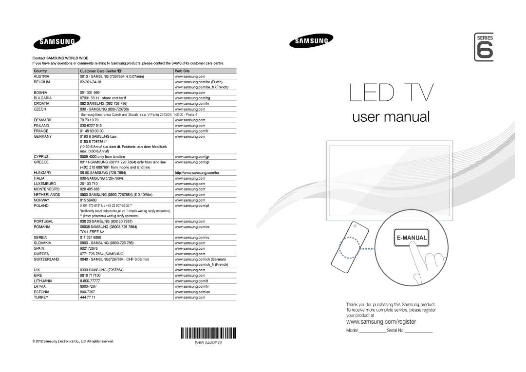 Samsung UE46EH6030WXZF manual Samsung 7267864, € 0.07/min, 02-201-24-18, 051 331, 07001 33 11 , share cost tariff, 261 03 