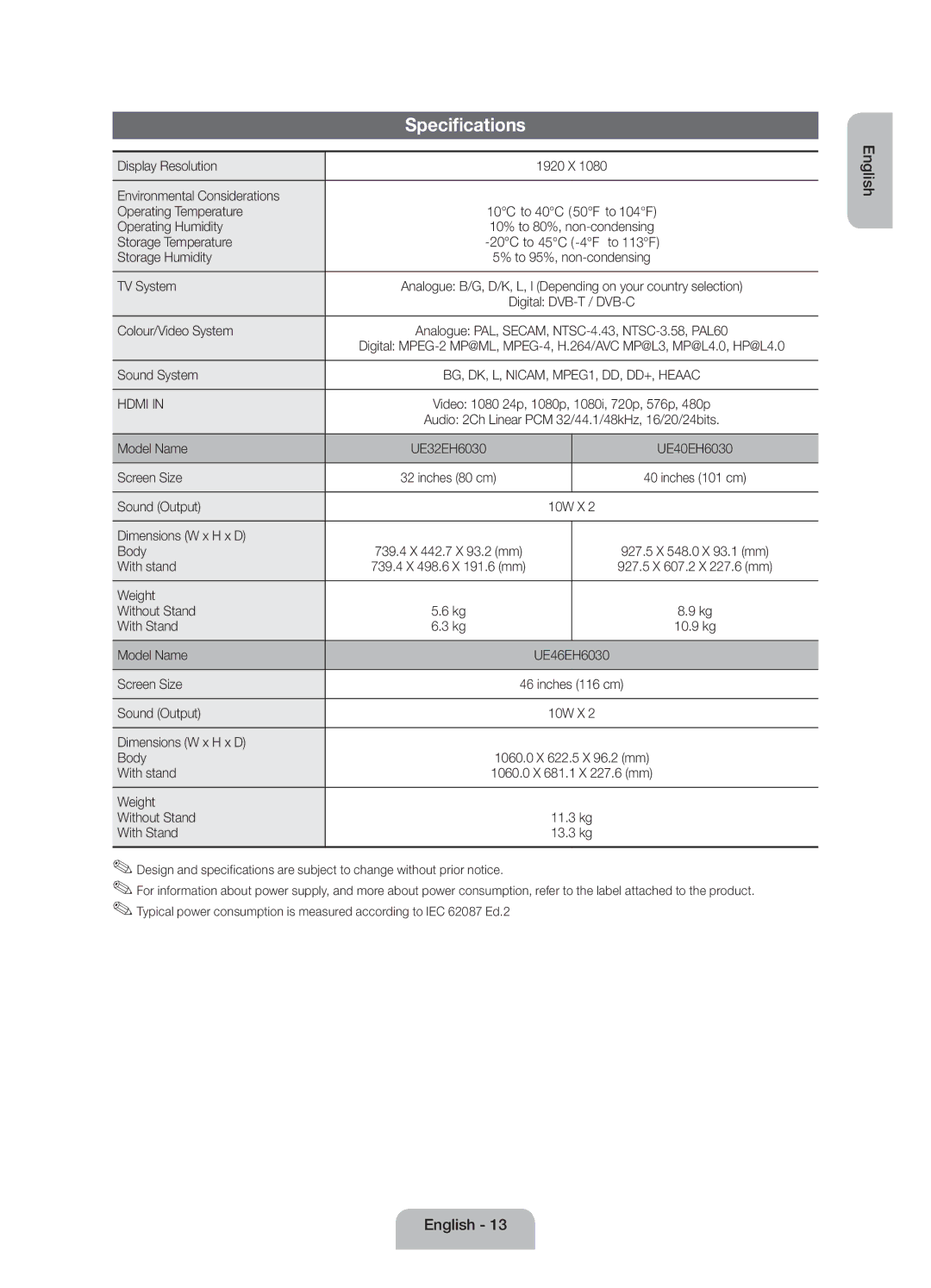 Samsung UE46EH6030WXZF, UE40EH6030WXZF, UE32EH6030WXZF manual Specifications 