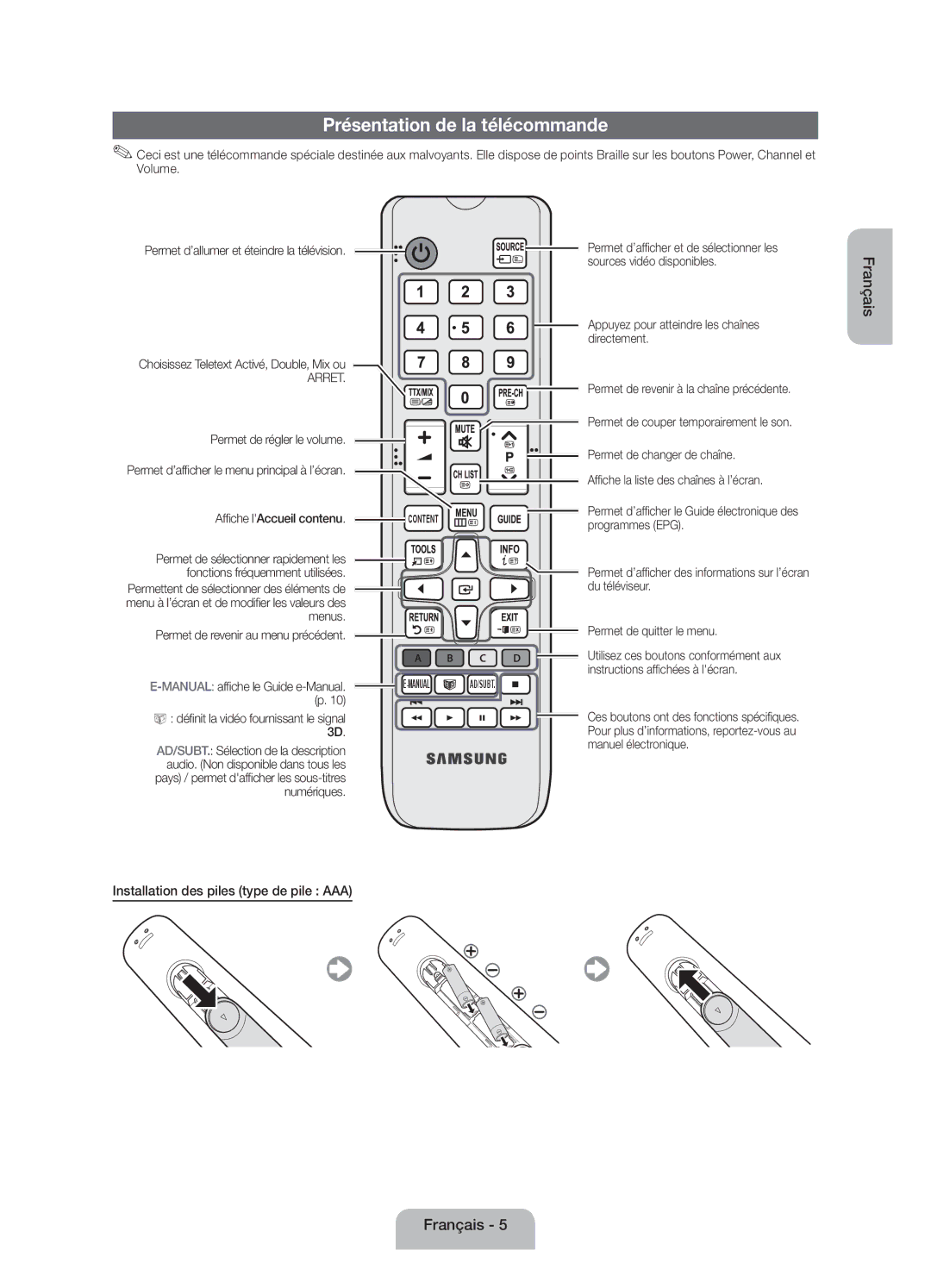 Samsung UE46EH6030WXZF, UE40EH6030WXZF manual Présentation de la télécommande, Installation des piles type de pile AAA 