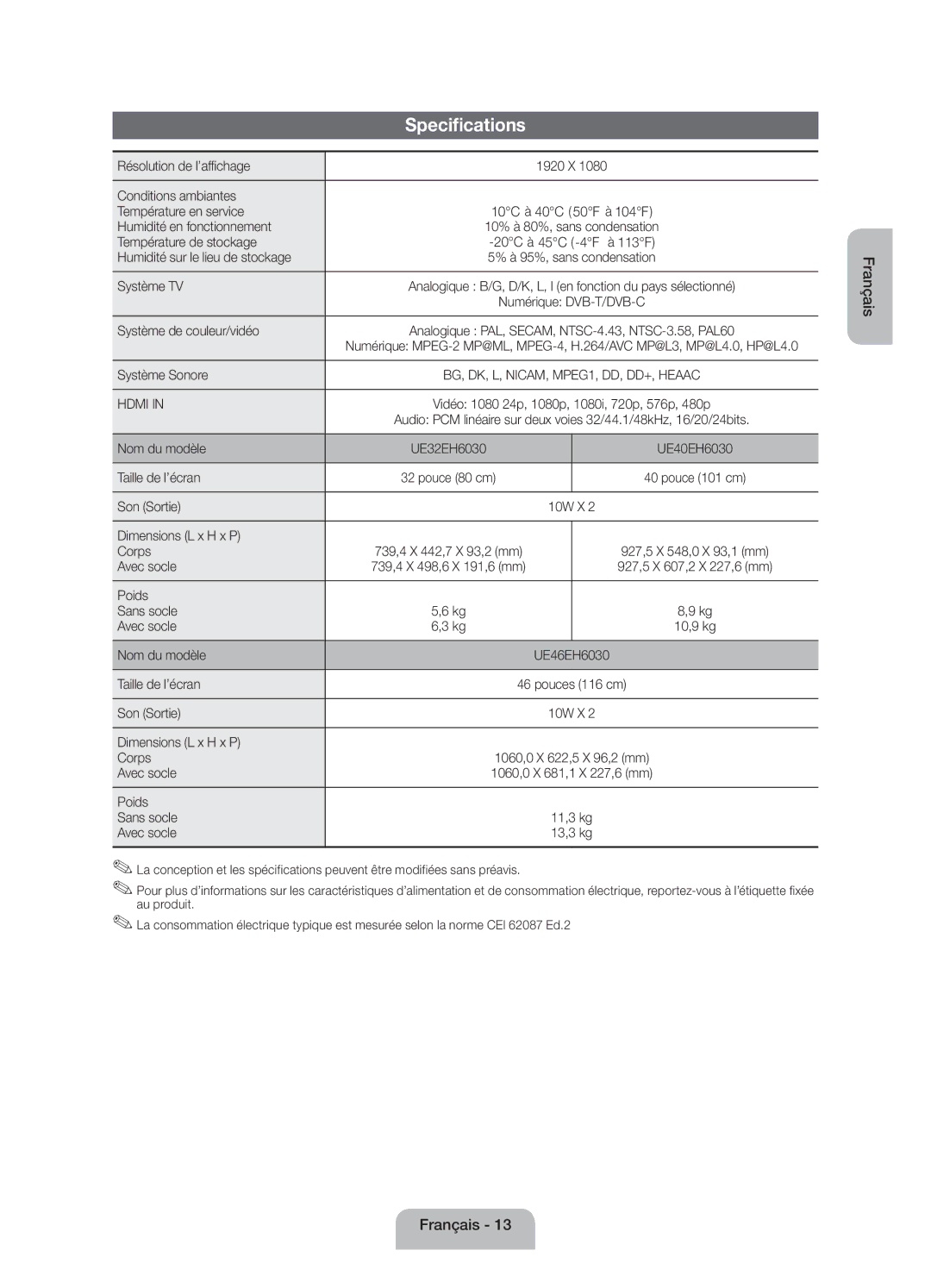 Samsung UE40EH6030WXZF Résolution de l’affichage, Conditions ambiantes Température en service, Humidité en fonctionnement 