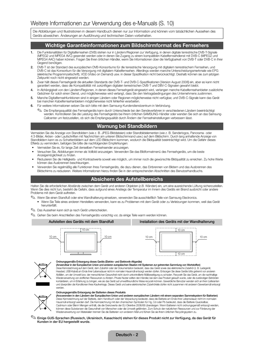 Samsung UE40EH6030WXZF, UE46EH6030WXZF, UE32EH6030WXZF manual Warnung bei Standbildern, Absichern des Aufstellbereichs 