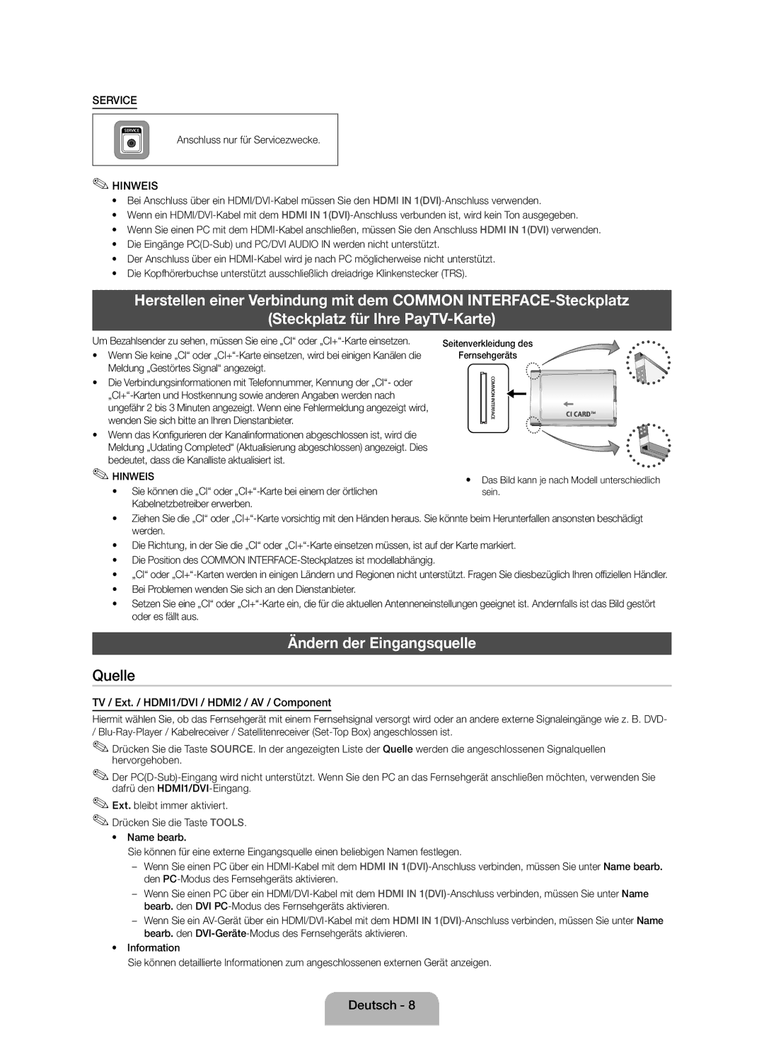 Samsung UE40EH6030WXZF, UE46EH6030WXZF, UE32EH6030WXZF manual Ändern der Eingangsquelle, Anschluss nur für Servicezwecke 